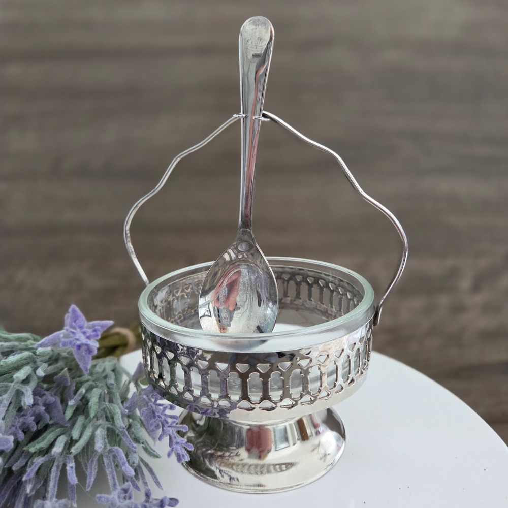 Sheffield Jam Condiment Dish Silver Plated Glass Insert Spoon England Vintage
